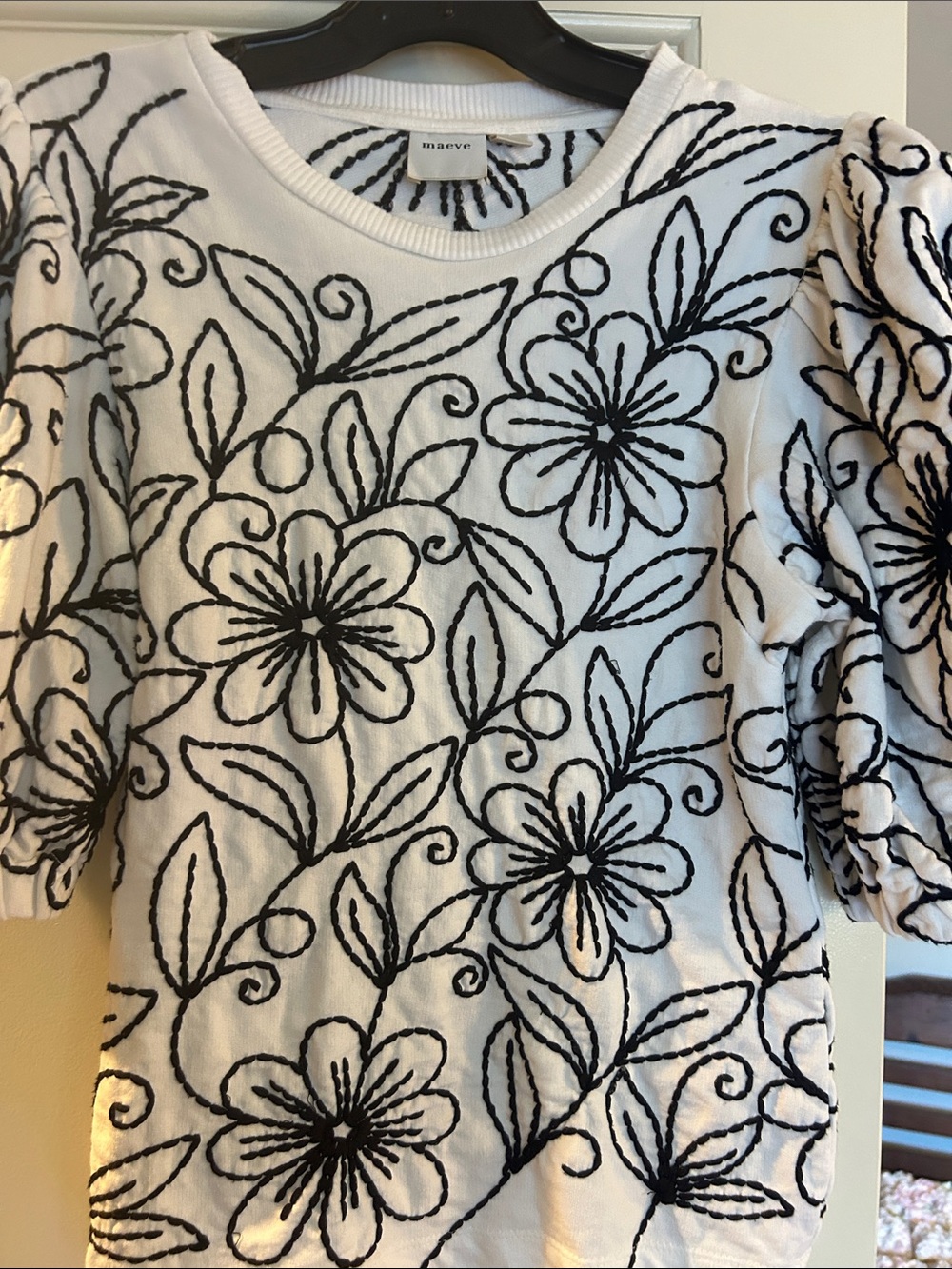 Maeve White Top with Black Floral Embroidery and Puff Sleeves